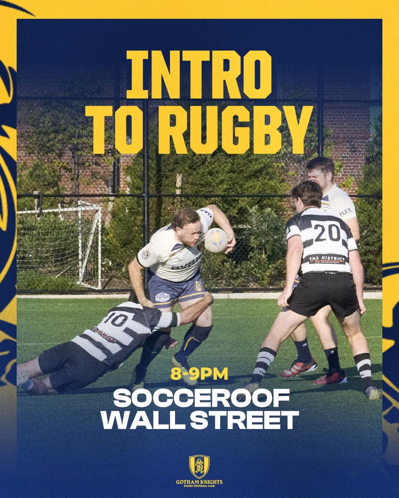 Matchday photo with a navy scrim and gold athletic headline