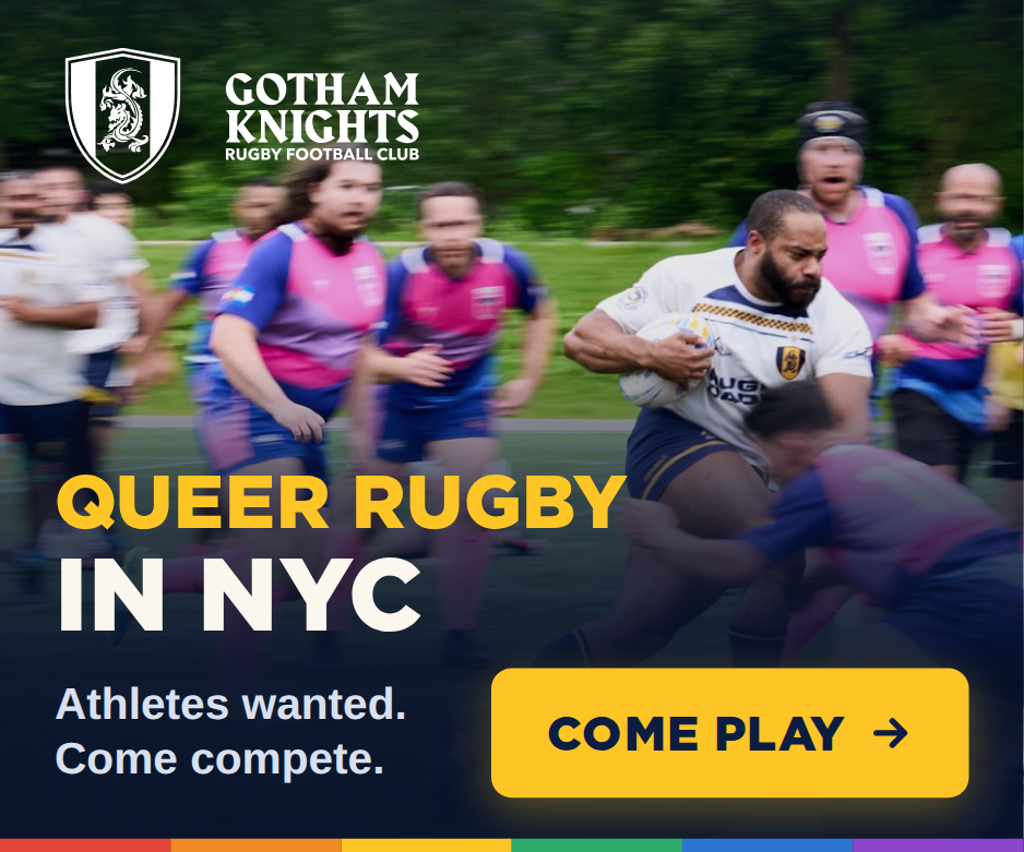 Display ad: match photo under a navy scrim, with the knockout lockup, the headline Queer Rugby in NYC, a gold Come Play button and a pride rule along the bottom